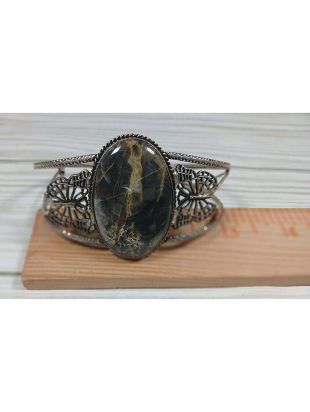 Jasper Stone 2 Tier Butterfly Accents Cuff Bracelet Semi-Precious Gemstone
